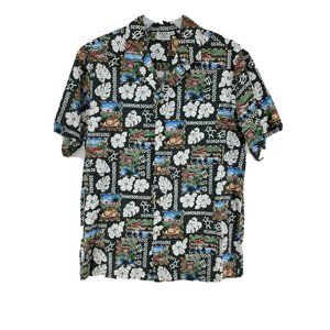 T.O. Hawaiian Designs Shirt Men's Size XL Black Cars Floral
